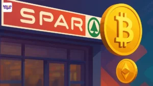 SPAR supermarkt met Bitcoin en Ethereum symbool als crypto betalingsoptie in Zwitserland
