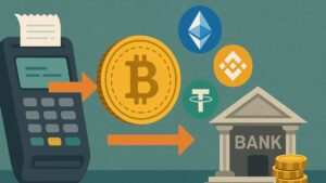 SpacePay cryptobetalingen via een gewone betaalterminal, met digitale munten die direct worden omgezet naar regulier geld.
