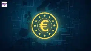 Digitale euro met euro symbool, EU sterren en Ethereum als mogelijke blockchainbasis