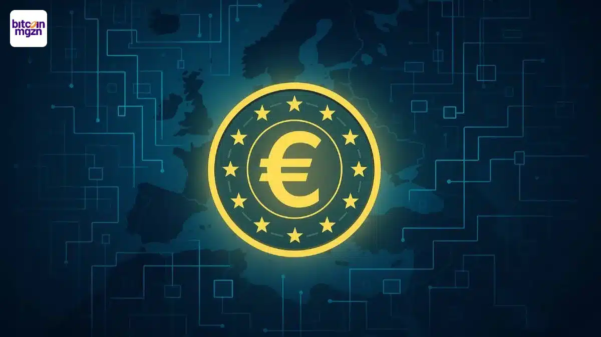 Digitale euro met euro symbool, EU sterren en Ethereum als mogelijke blockchainbasis