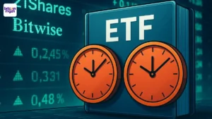 ETF-map met klokken voor vertraging, voor een beursachtergrond met 21Shares en Bitwise, verwijzend naar uitstel SEC crypto ETF.