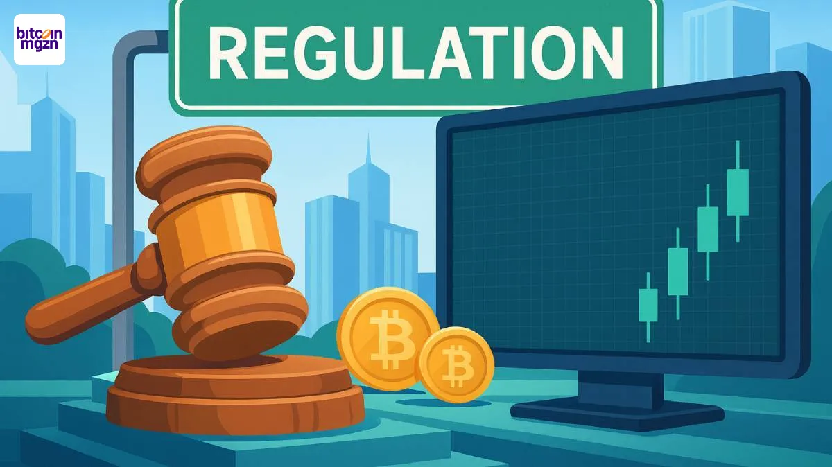 Gevisualiseerde spot crypto trading op gereguleerde exchange met beursgrafiek en hamer als symbool voor toezicht