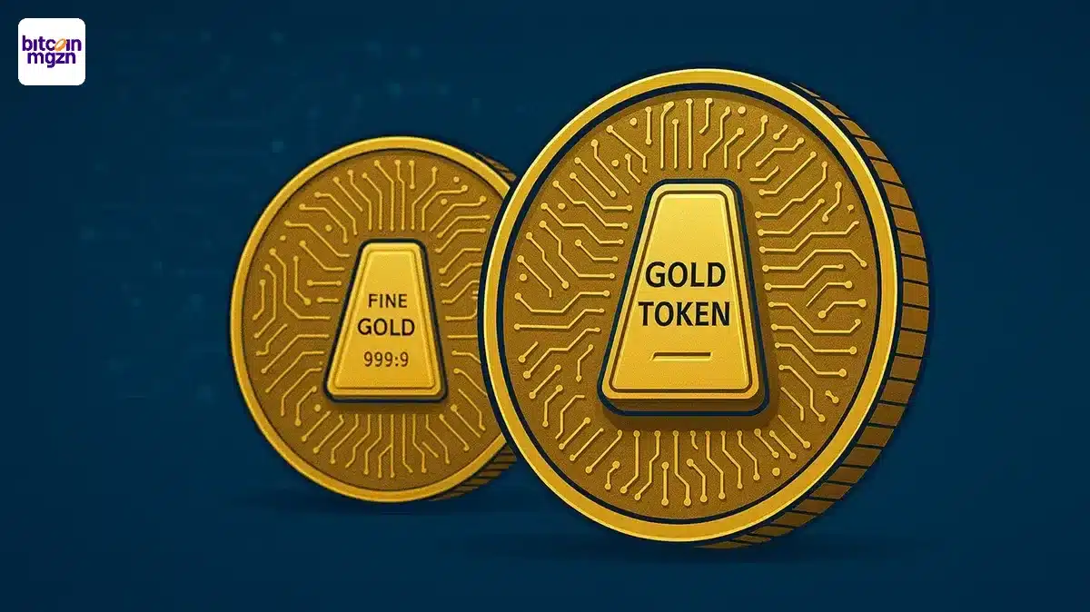 Goud-backed crypto met digitale munten als Tether Gold en PAX Gold die fysieke waarde vertegenwoordigen in een moderne stijl