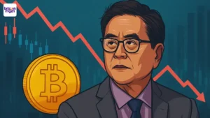 Robert Kiyosaki met Bitcoin en dalende beursgrafiek als waarschuwing voor crash