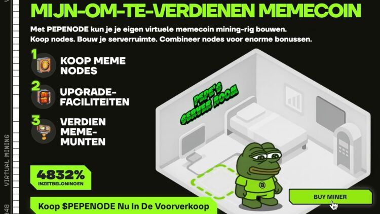 PEPENODE meme coin met virtueel mining dashboard en crypto tokens in 2025.