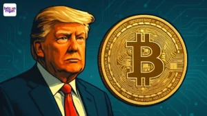 Trump Bitcoin mining deal met Bitmain toont gouden Bitcoin en digitale chips in moderne stijl