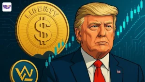 Huidige president Trump met $WLFI-token en koersgrafieken, symbool voor het Trump crypto project