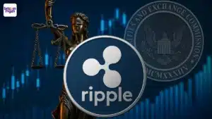 Lady Justice, Ripple logo en SEC symbool met financiële grafieken, illustrerend de juridische afwikkeling en de focus op een XRP ETF.