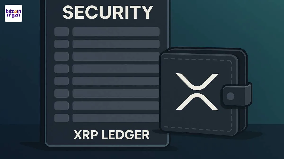 Digitale wallet met XRP-logo en security rankinglijst toont lage positie van XRP Ledger beveiliging