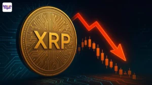 XRP koers met dalende candlestick-grafiek en rode pijl op tech-achtergrond