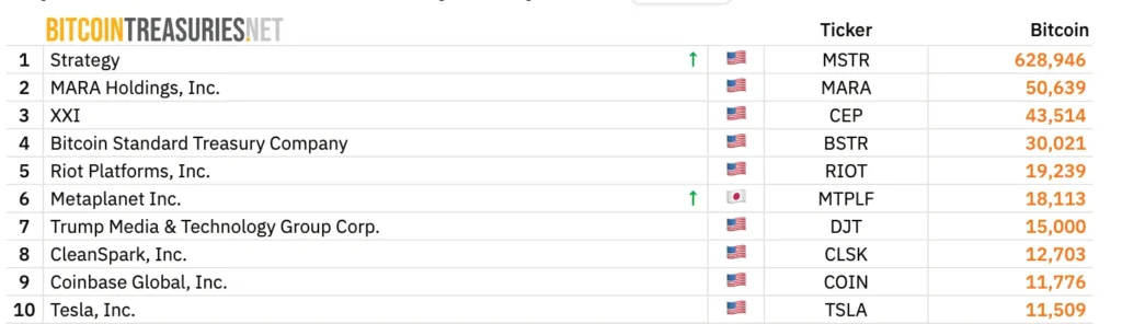 Top 100 Public Bitcoin Treasury Bedrijven