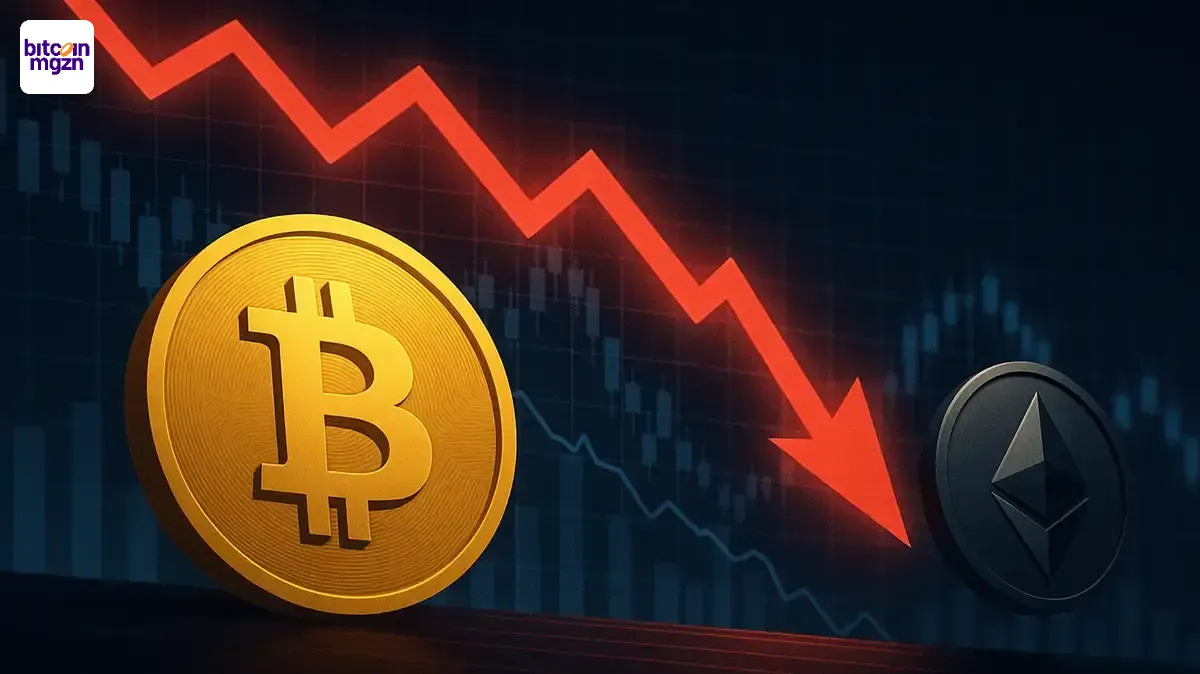 Bitcoin crash en Ethereum verliezen afgebeeld met dalende rode grafiek en neerwaartse trend in de cryptomarkt