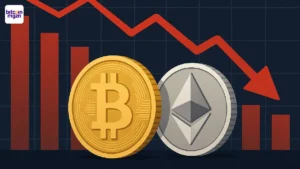 Bitcoin en Ether ETF’s met munten en rode grafiek tonen uitstroom van $660 mln