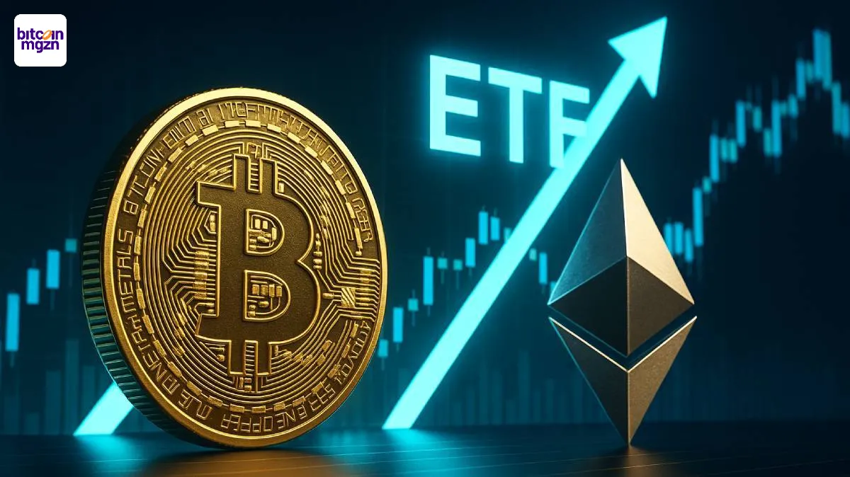 Bitcoin en Ethereum ETF groei met stijgende grafiek en institutionele instroom