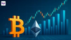 Bitcoin koers en Ethereum koers met grafieken en symbolen in een moderne digitale setting