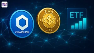 Chainlink tokenization met RWA en ETF-symbolen verbonden in een futuristische blockchain omgeving