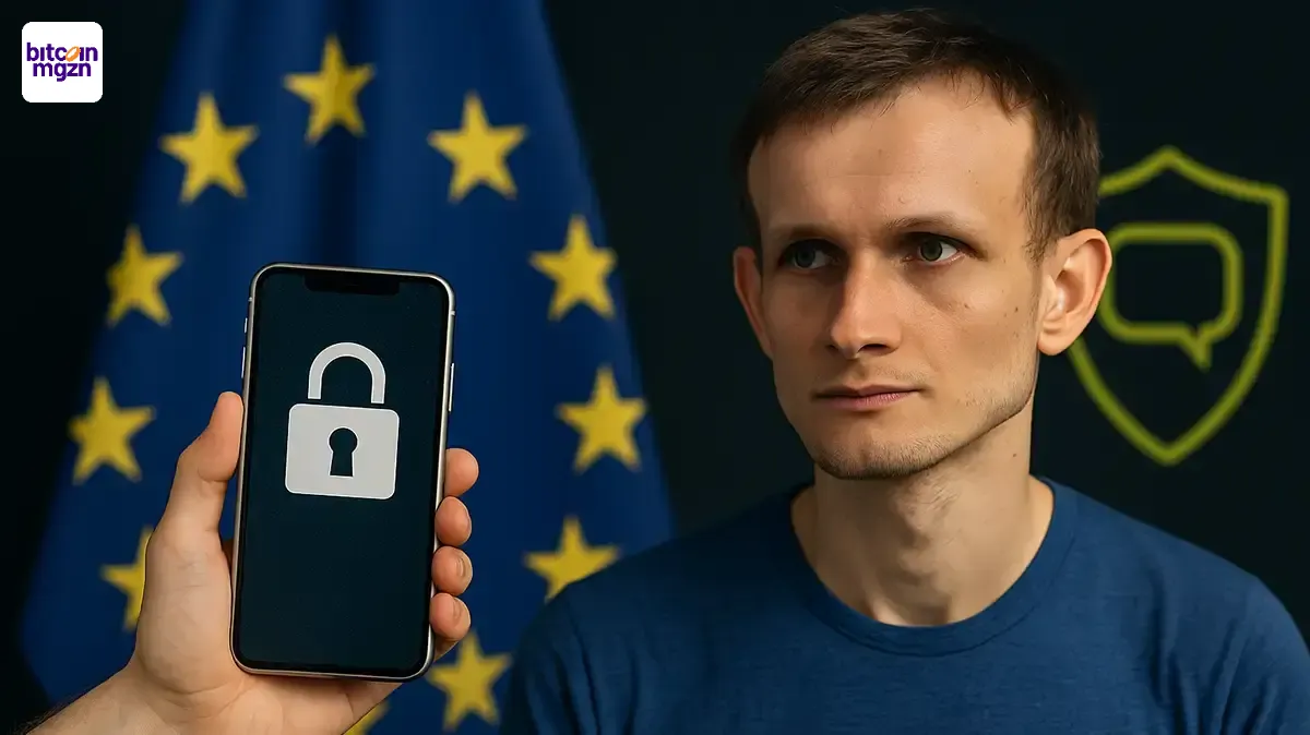 Vitalik Buterin met Ethereum-symbool en EU-vlag op achtergrond, verwijzend naar kritiek op Chat Control