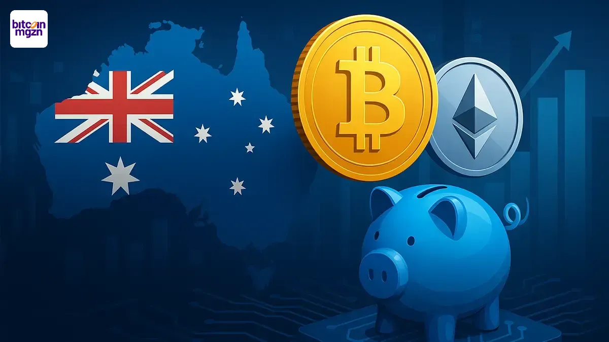 Australische vlag, Bitcoin, Ethereum en spaarvarken tonen de groeiende rol van crypto in Australische pensioen fondsen