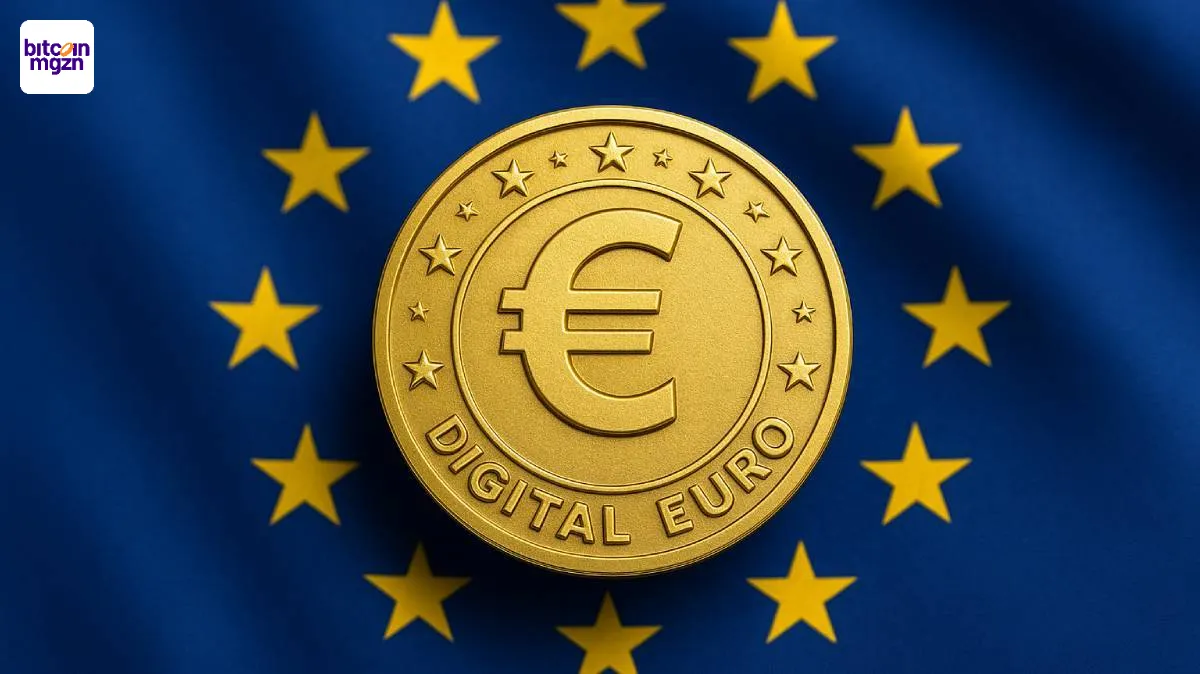 Gouden digital euro munt voor EU-vlag, symbool van Europese digitale muntplannen.