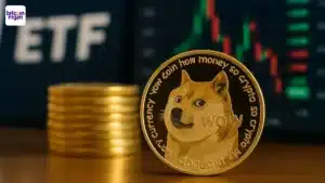 Gouden Dogecoin munt met ETF aanduiding en koersgrafiek als symbool voor Dogecoin ETF bij DTCC