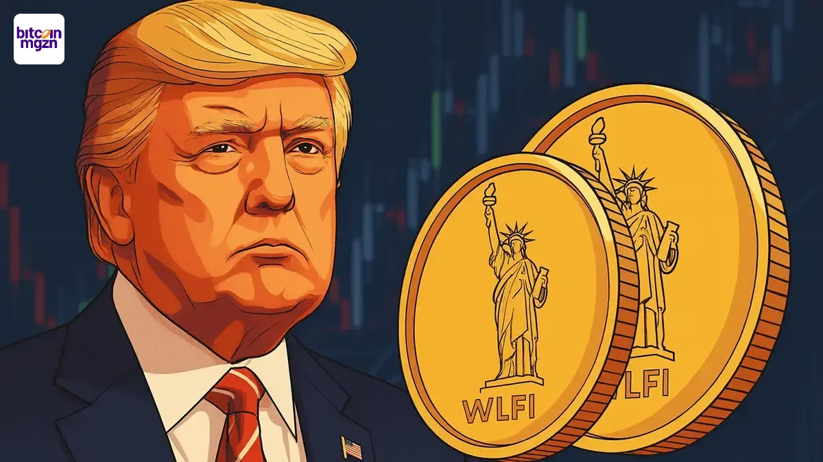 Donald Trump naast gouden WLFI-munten met koersgrafiek, symbool voor de lancering en politieke invloed van de Trump WLFI-token.
