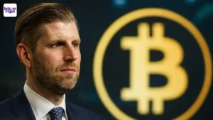 Eric Trump in zakelijk profiel met groot bitcoin-symbool, verwijzend naar zijn crypto-expansie in Zuid-Korea