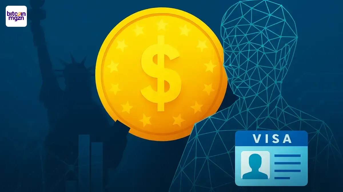 Digitale weergave van werkvisum Verenigde Staten en crypto-ontwikkelaar die geconfronteerd wordt met visumkosten