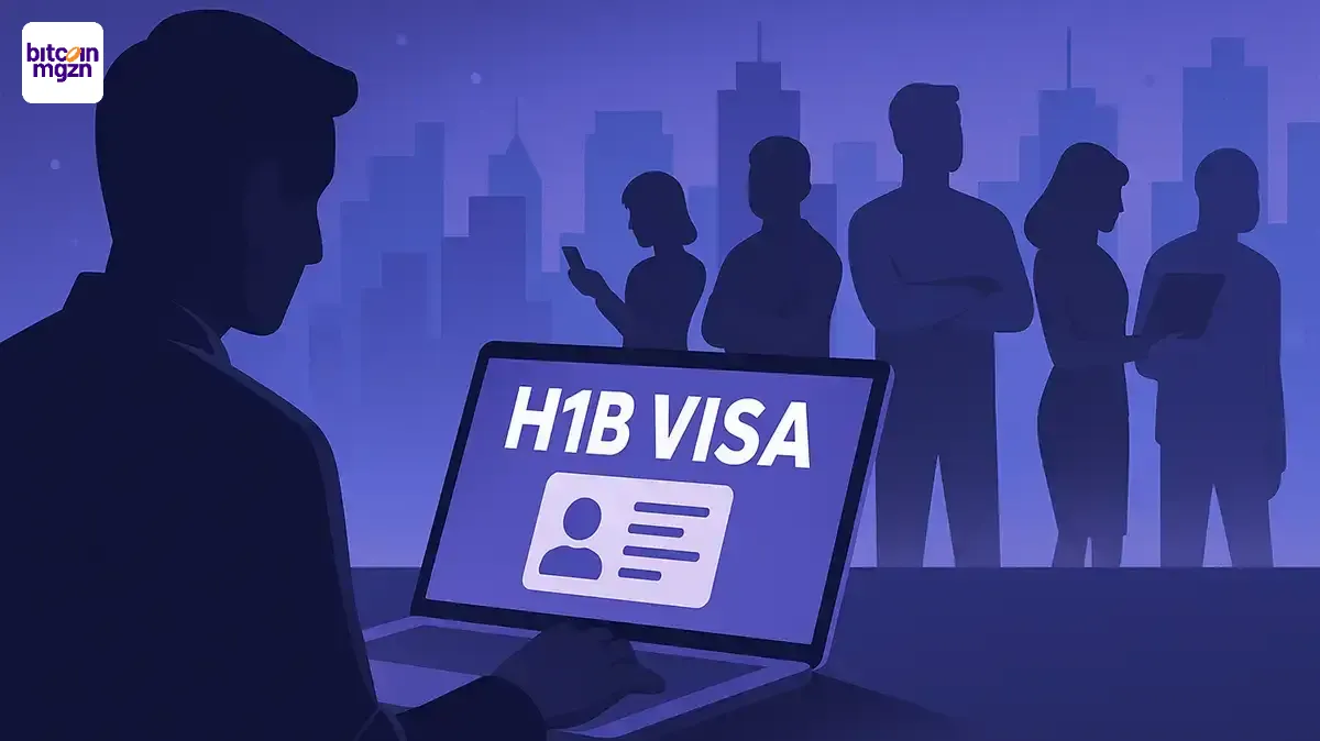 H1B visum techsector verbeeld als digitale identiteit met visumkaart en dollarcoin in technologisch decor