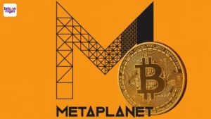 Metaplanet logo gecombineerd met een gouden Bitcoin, passend bij de Metaplanet Bitcoin aankoop van 5.419 BTC