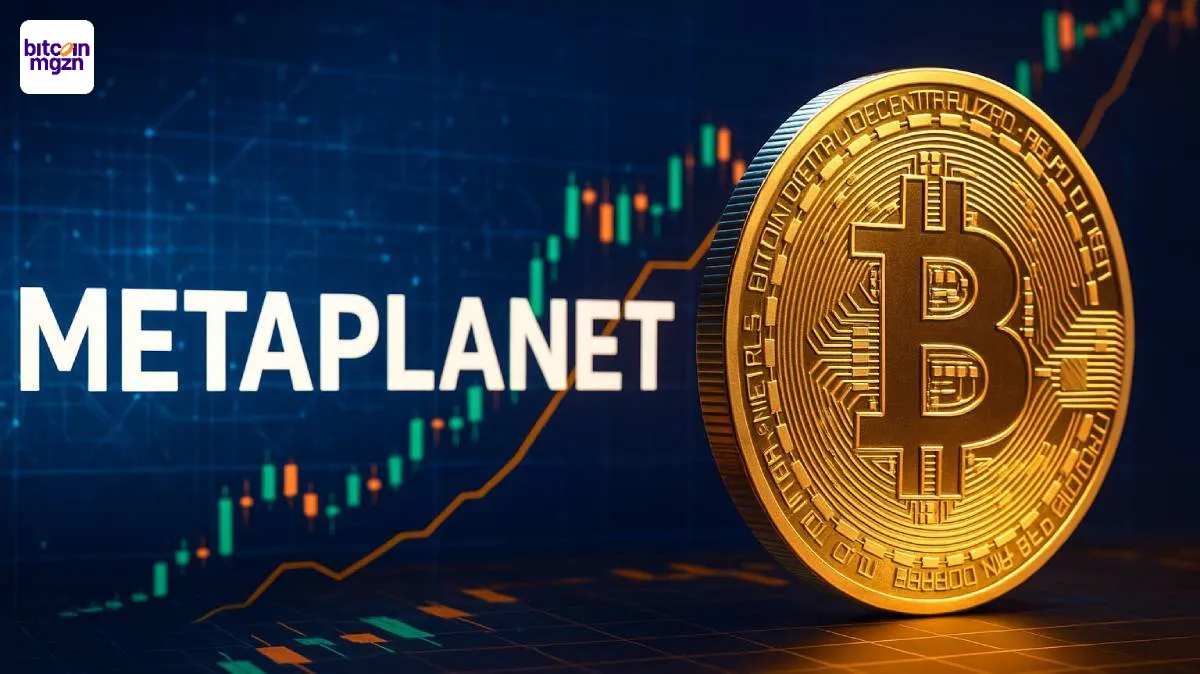 Metaplanet Bitcoin strategie met groeiende reserves en koersgrafiek op de achtergrond