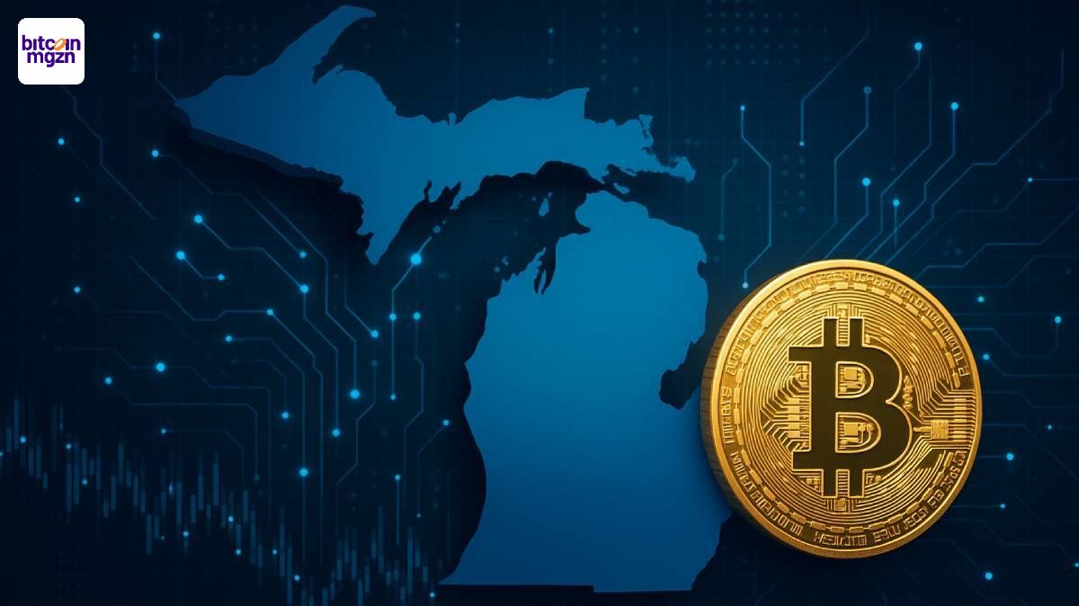 Futuristisch ontwerp met de staat Michigan en Bitcoin symbool verwijzend naar wet HB 4087 en cryptoreserve