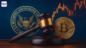 SEC crypto onderzoek met Bitcoin, koersgrafiek en juridische symbolen