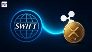 SWIFT logo verbonden met Ripple en XRP munt voor internationale betalingen