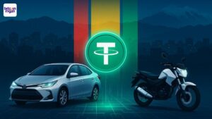Tether Bolivia met een gloeiend USDT-logo tussen een sedan en motor voor La Paz, met futuristische fintech-look
