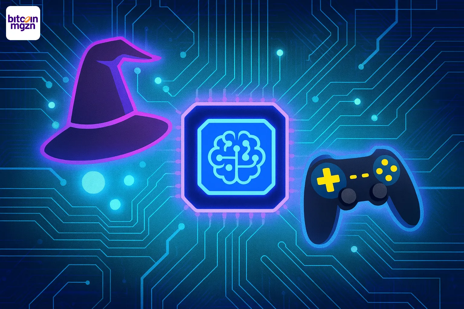 Futuristisch AI-gaming ecosysteem met witch-RPG en controller symbool voor Web3 gaming