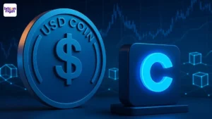 Coinbase USDC lending met USDC token en logo in high-tech blockchain setting