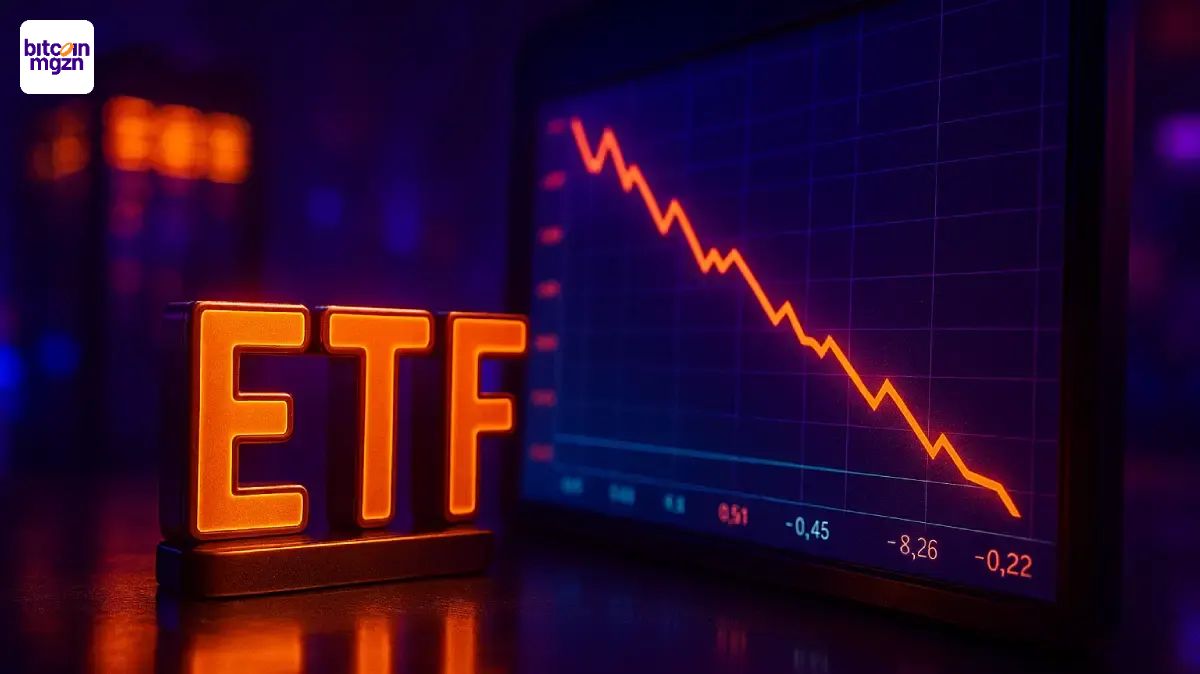ETF-symbool met dalende grafiek toont afnemende instroom in Bitcoin ETF-markt door rente-onzekerheid en winstnemingen.
