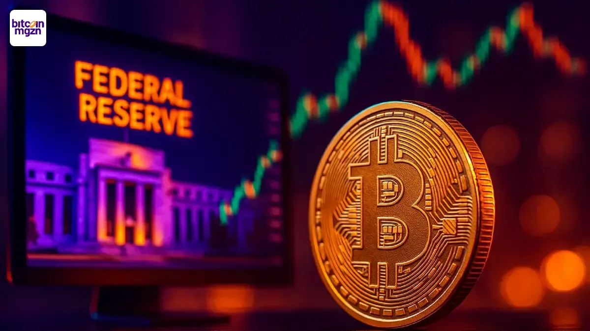 Bitcoin koers daalt na hawkish renteverlaging van de Fed, met gouden Bitcoin voor scherm van Federal Reserve en koersgrafiek