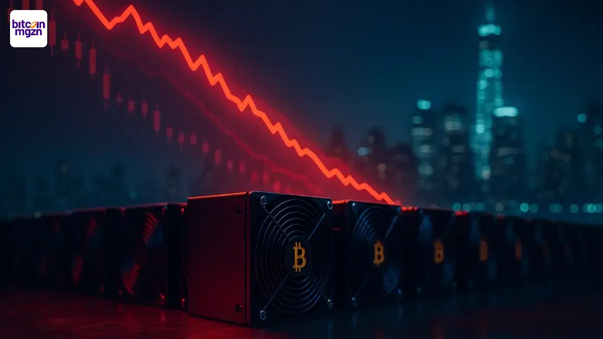 Bitcoin mining aandelen dalen tijdens Amerikaanse beursuitverkoop van $1,65 biljoen, rode dalende grafiek boven rij mining rigs