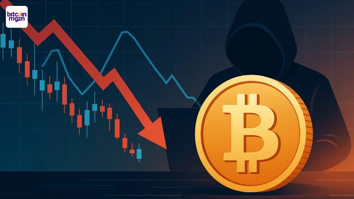 Bitcoin shortpositie met dalende koersgrafiek en mysterieuze whale die mogelijk insider trading suggereert