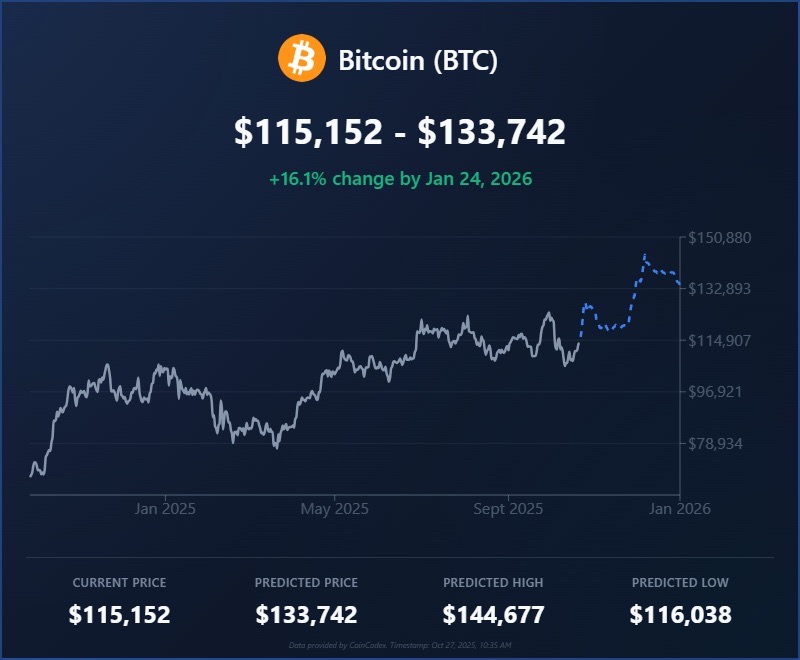 CoinCodex forecasts suggest BTC could trade between $115,152 and $133,742 by January 2026, representing a 16.1% potential gain from current levels. Large