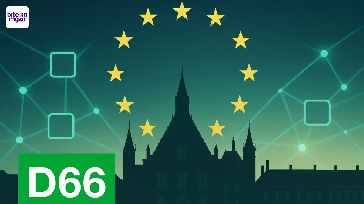 D66 crypto visual met D66‑logo, EU‑sterren en blockchainnetwerk boven het Binnenhof