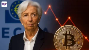 Christine Lagarde naast ECB-logo en Bitcoin, symbool voor het spanningsveld tussen centrale banken en crypto.