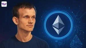 Vitalik Buterin met Ethereum logo en digitale patronen die het GKR protocol en snellere zero-knowledge berekeningen symboliseren