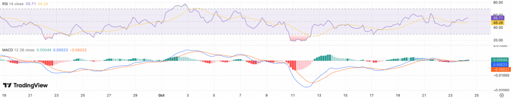 RSI + MACD Dogecoin koers - bron: TradingView