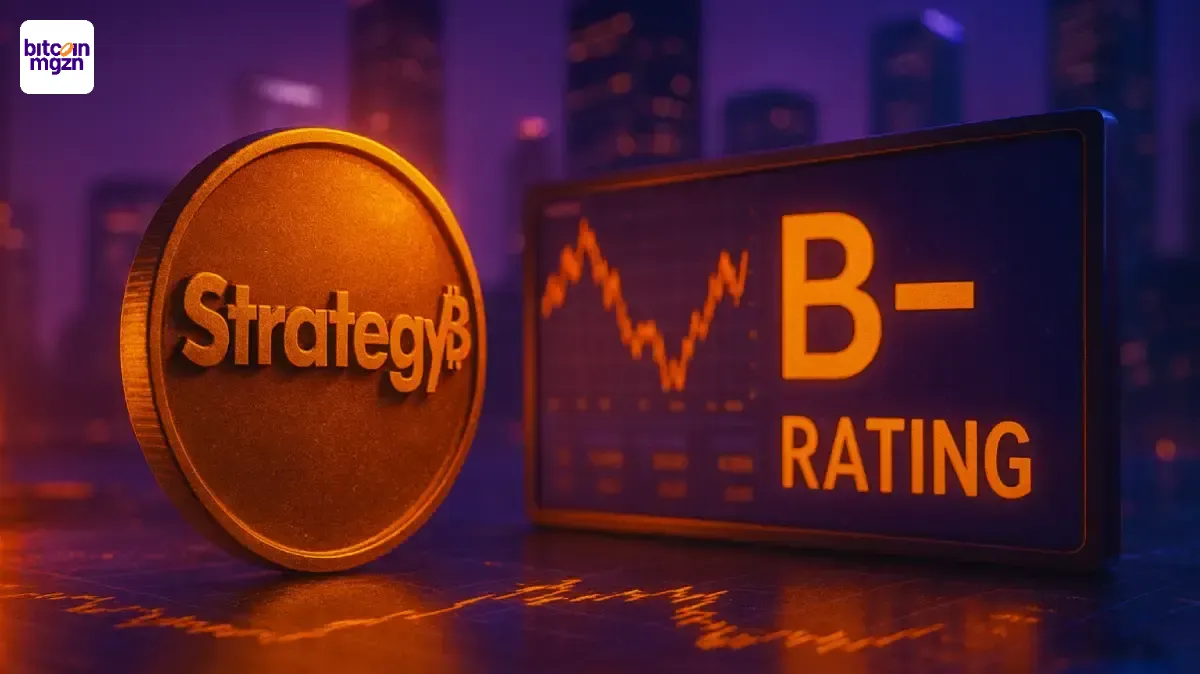 Gouden munt met Strategy-logo naast digitaal scherm met B-minus rating en grafiek in paars-oranje licht, symbool voor financiële beoordeling en cryptomarkt.