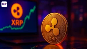 Gouden XRP coin met stijgende grafiek op scherm, in een futuristische paars-oranje financiële setting die schaalbaarheid en groei symboliseert.