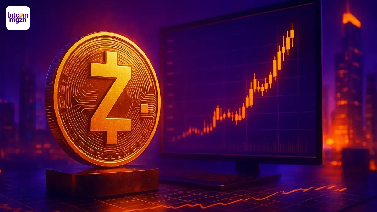Zcash logo met stijgende grafiek, halving-symbool en KYC-icoon