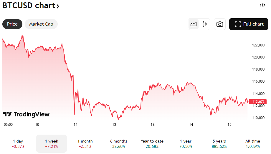 De Bitcoin koers van de afgelopen week. Bron: TradingView