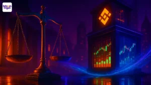 CZ pardon met weegschaal van justitie naast futuristisch handelsgebouw met crypto charts in paars-oranje licht